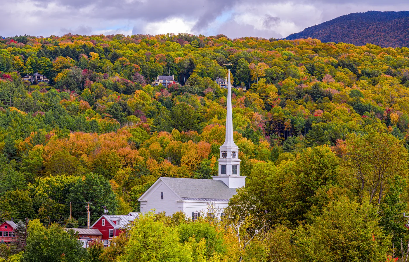 The white-steepled Stowe Community Church on Main Street in Stowe, Vermont