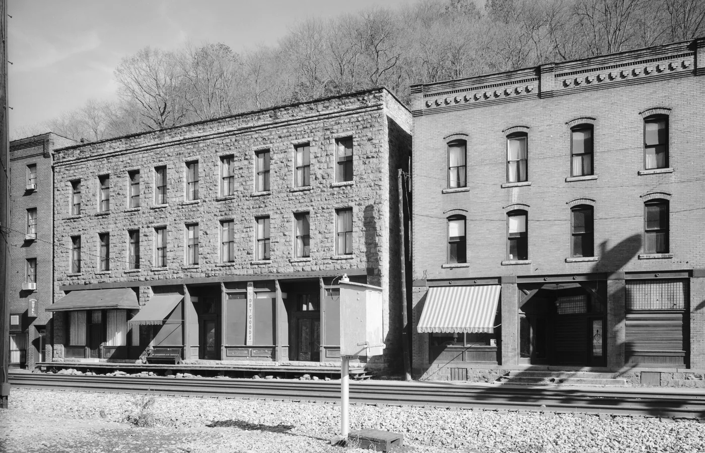 The commercial row at Thurmond, West Virginia, the preserved railroad ghost town on the floor of the New River Gorge
