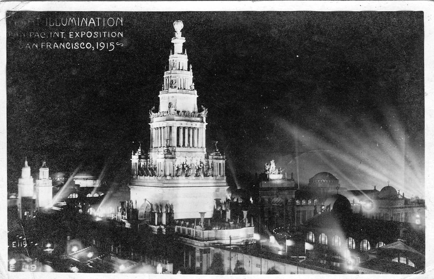 The illuminated Tower of Jewels at the 1915 Panama-Pacific International Exposition in San Francisco