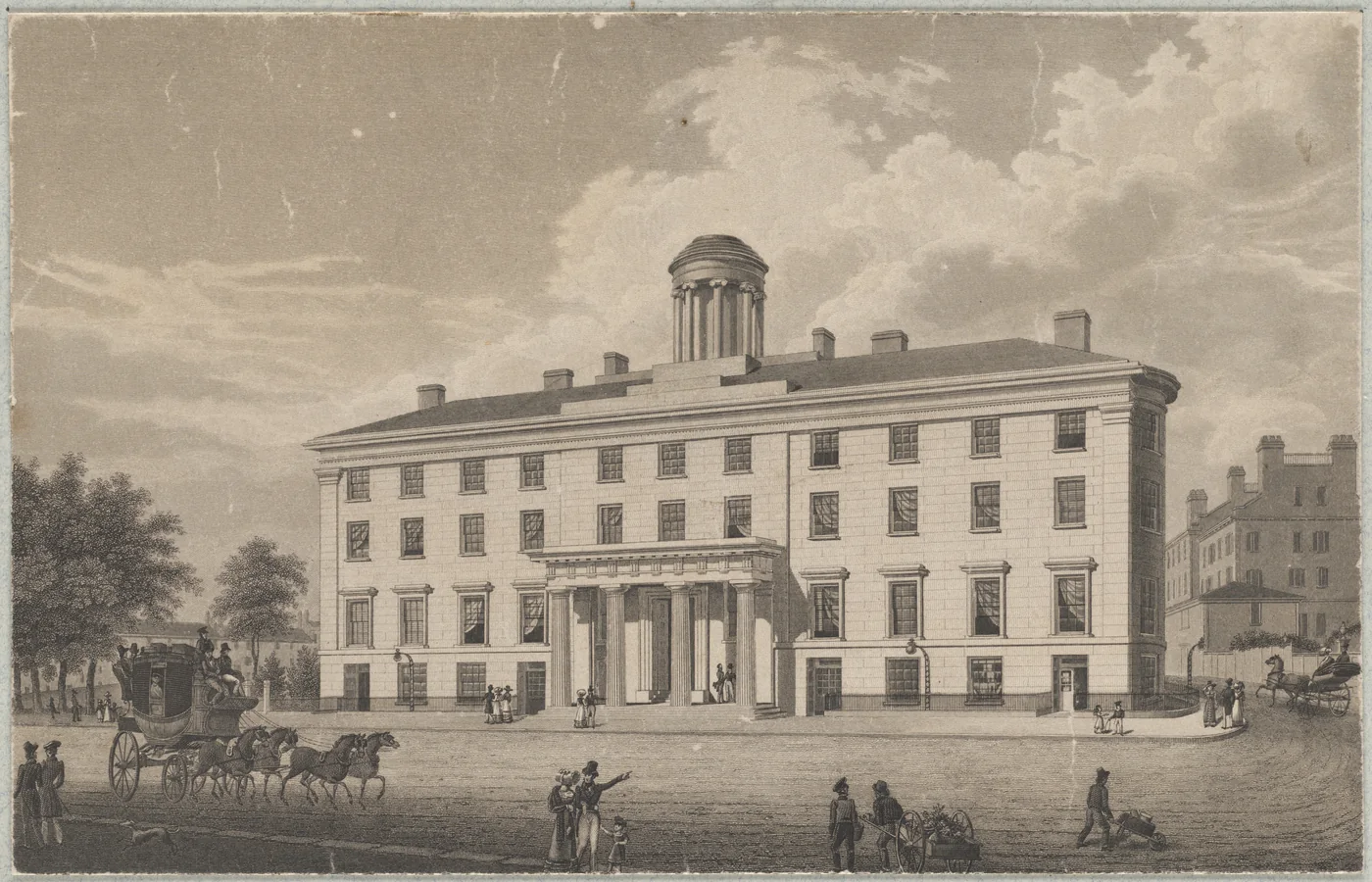 View of Tremont Street and the Tremont House in Boston around 1830, often called America's first modern hotel