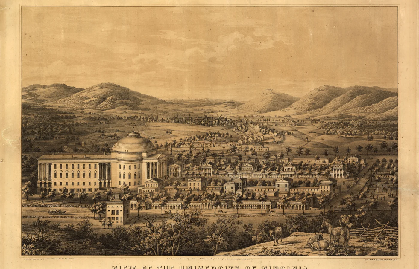 1856 Sachse and Bohn lithograph of the University of Virginia seen from Lewis Mountain with Monticello in the distance