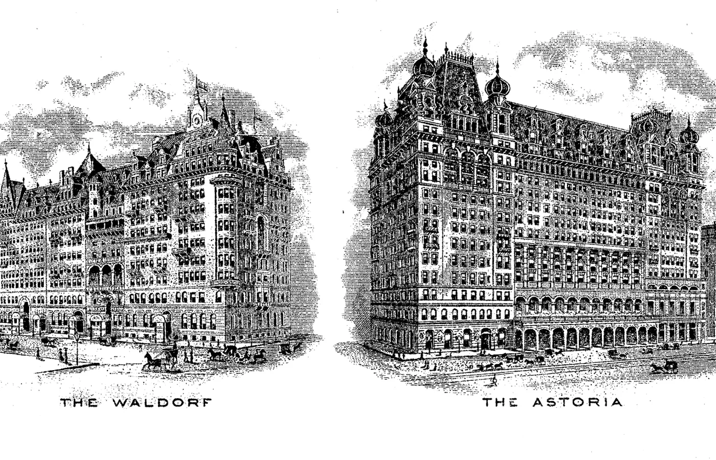 Period engraving of the Waldorf and Astoria hotels on Fifth Avenue, the two halves of the original Waldorf-Astoria