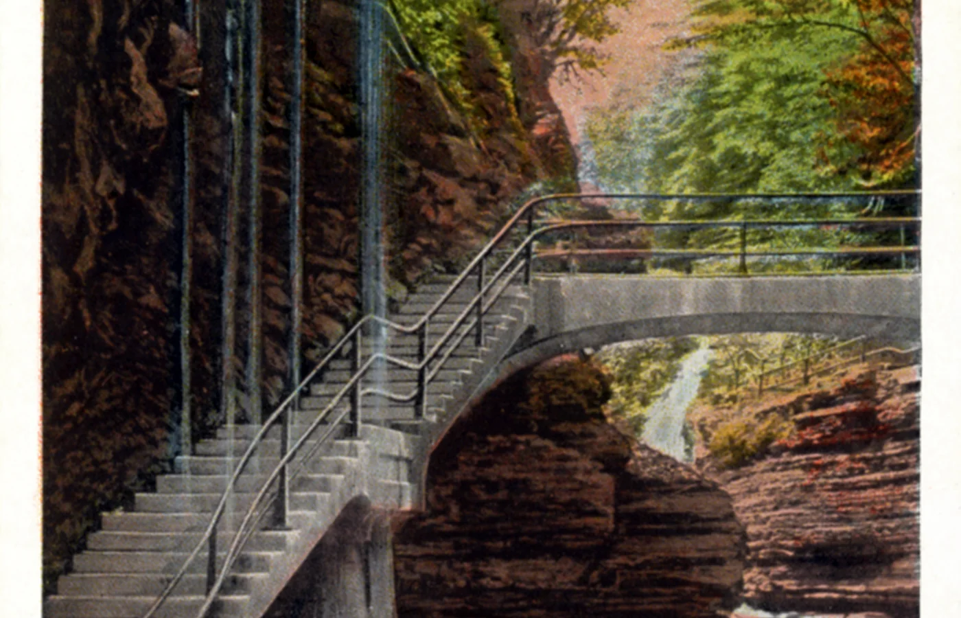 Curt Teich postcard of the stone stairs and bridge at Rainbow Falls in the Watkins Glen gorge