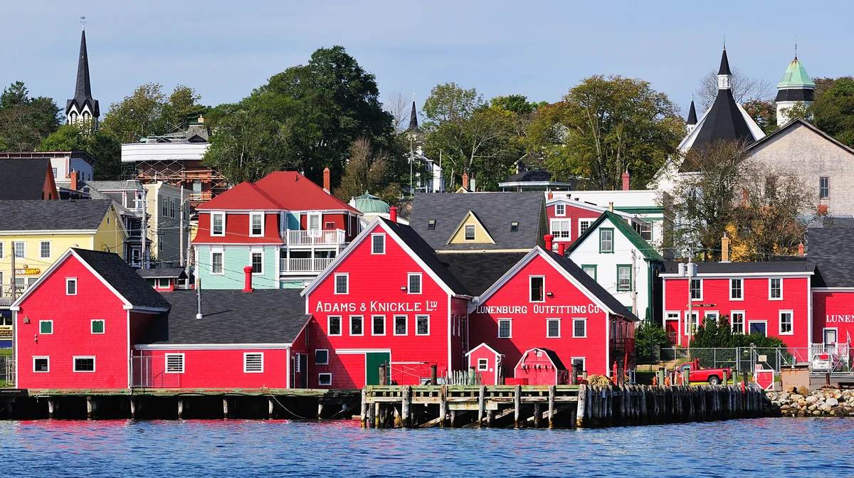 The red waterfront buildings of Lunenburg's harbor, Nova Scotia