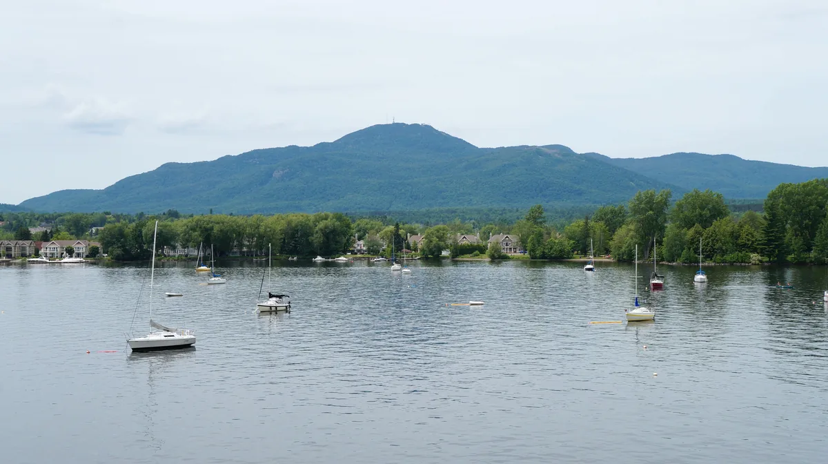 Sailboats moored on Lake Memphremagog at Magog, in Quebec's Eastern Townships
