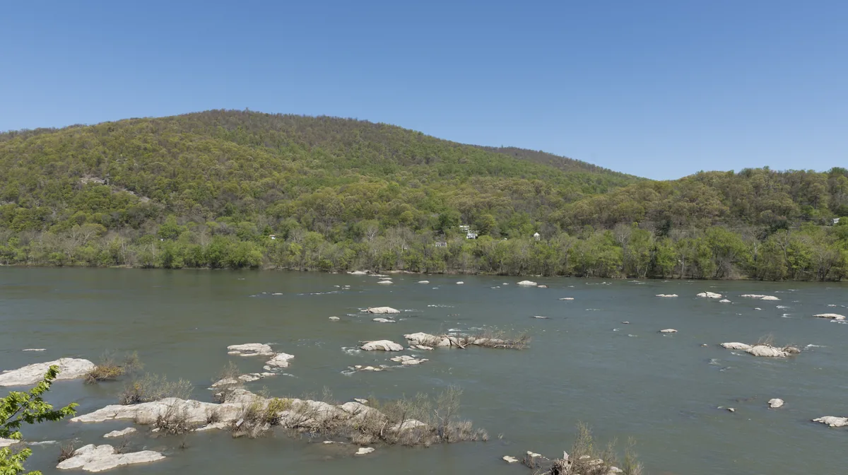 The Shenandoah River running over rock ledges at Harpers Ferry, West Virginia, in spring