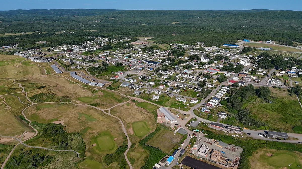 Inverness, Nova Scotia, from the air, with the Cabot Links golf course along the shore