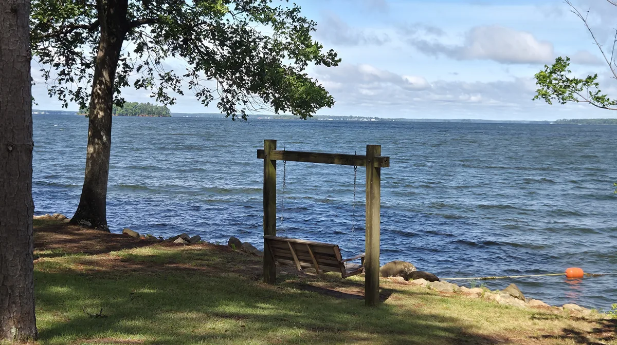 A wooden swing under the trees on the shore of Lake Murray, South Carolina
