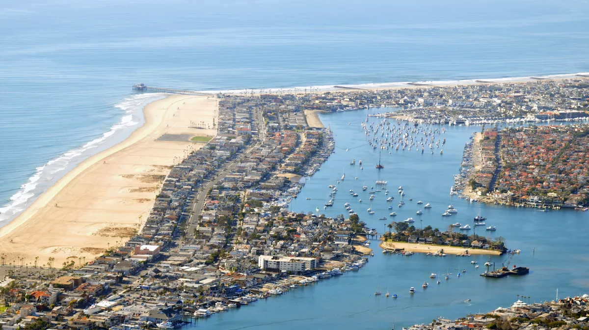 Newport Harbor, Balboa Island and the Balboa Peninsula from the air, Newport Beach, California