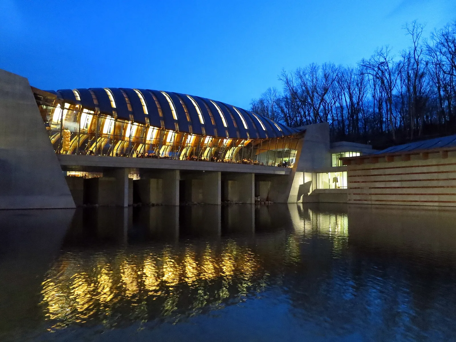 Crystal Bridges at night — Bentonville airbnb marketing