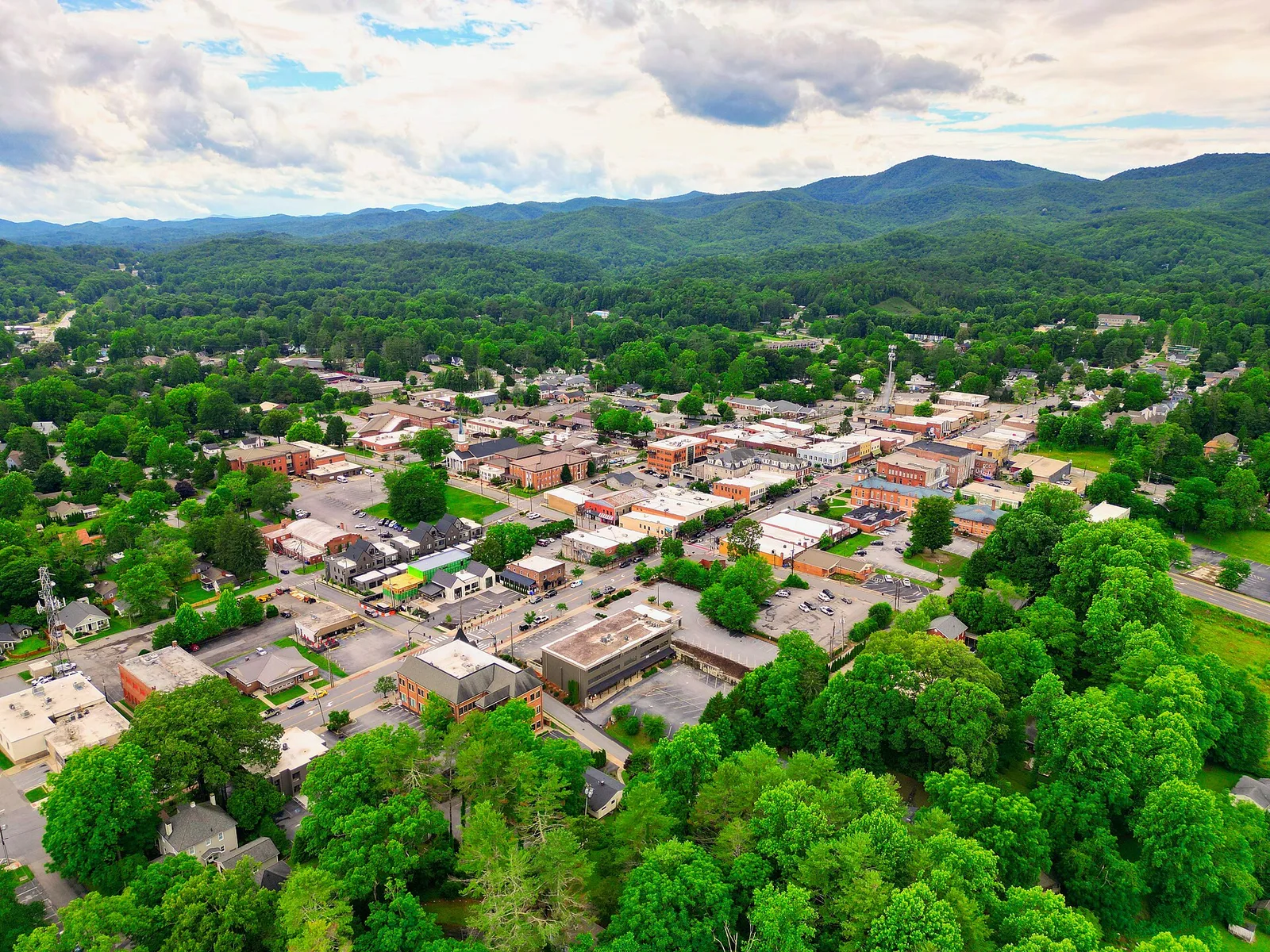 Aerial of downtown Brevard, North Carolina, in Transylvania County 13 — Brevard airbnb marketing