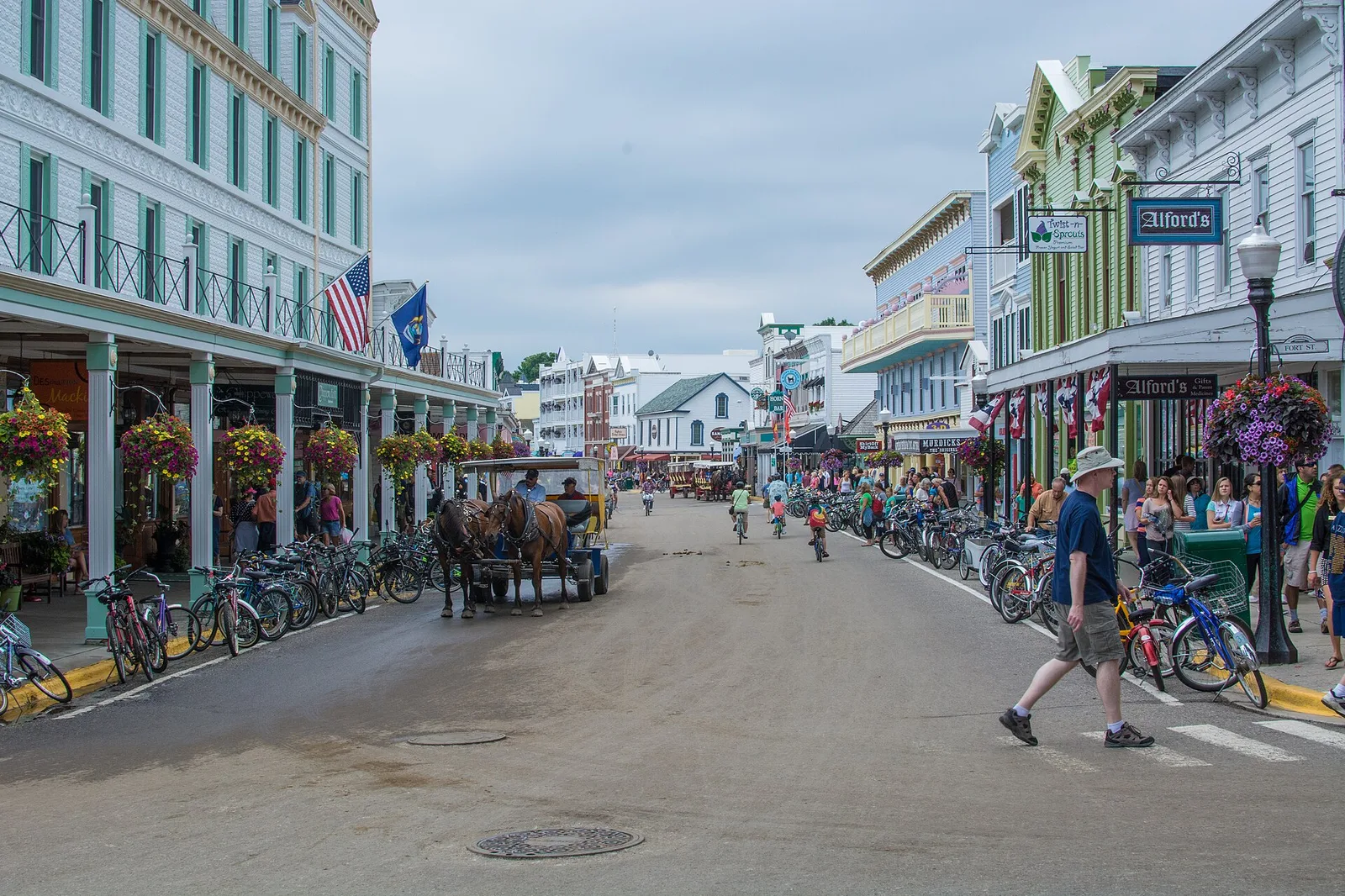 Mackinac Island's main town, looking west. Transportation on the island is by horse, bike, or foot. — Mackinac Island airbnb marketing
