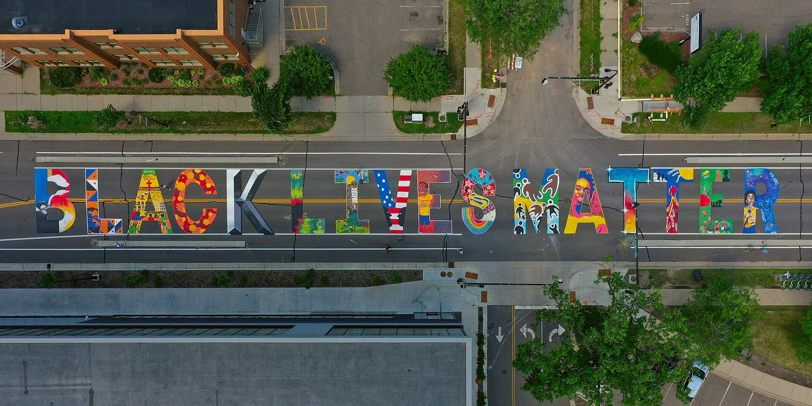 Aerial view of Black Lives Matter mural at Penn and Plymouth — Minneapolis airbnb marketing