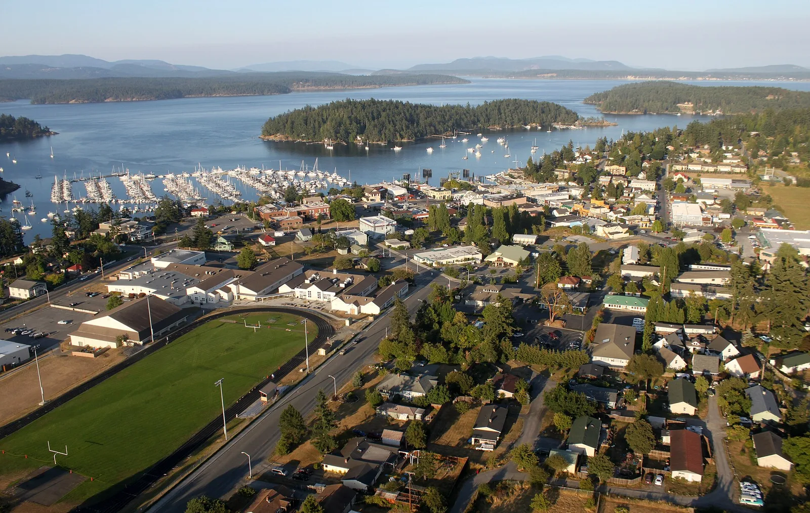 Aerial Friday Harbor Washington August — San Juan Islands airbnb marketing