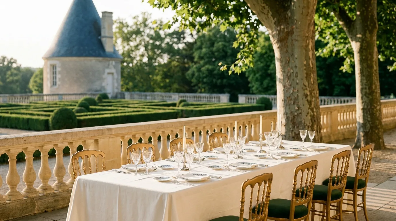 Terrace of a château set for a long dinner at golden hour