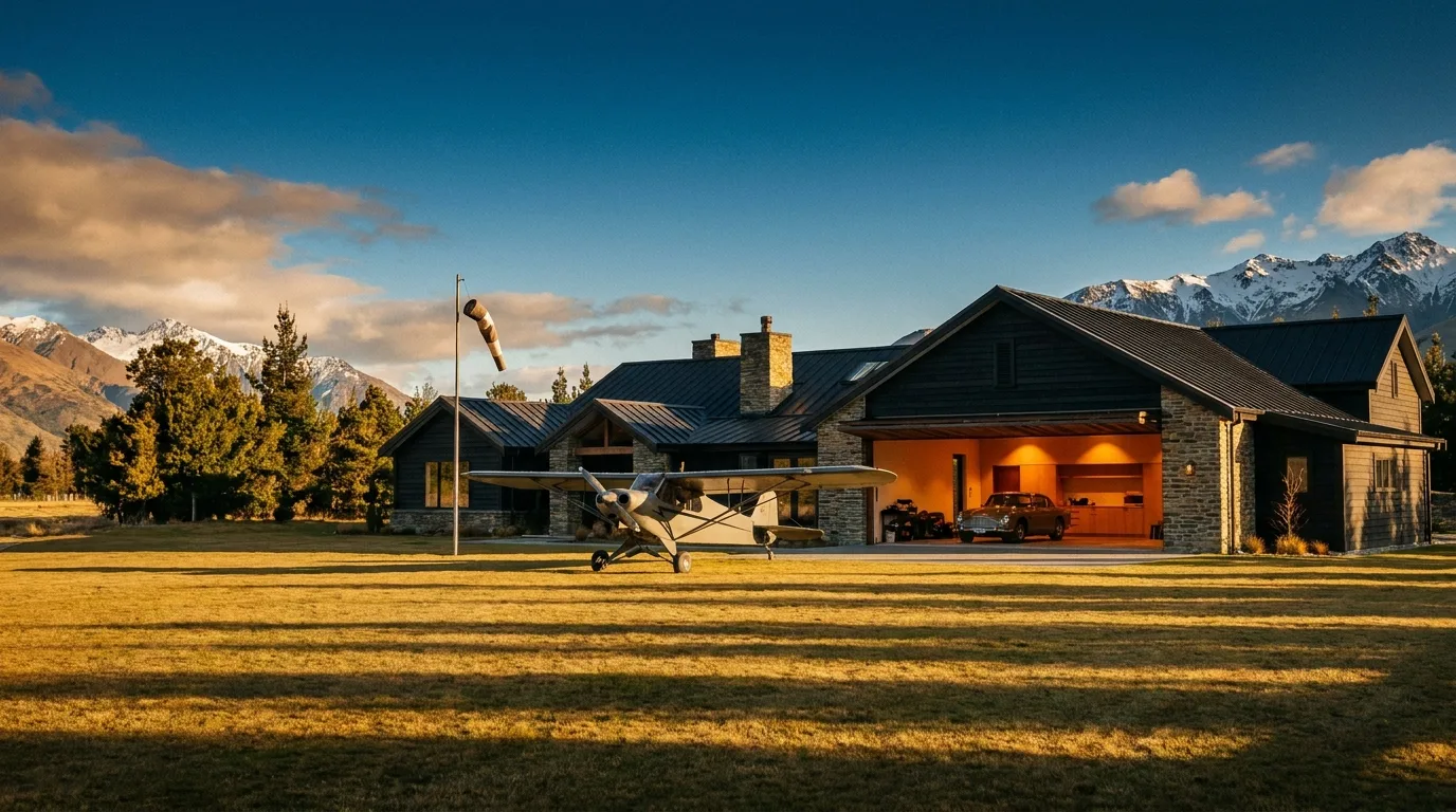 Private grass airstrip at golden hour with a light aircraft in front of a mountain residence and open hangar