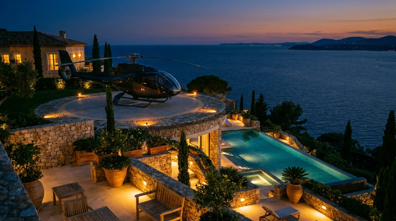 Helicopter at rest on the helipad of a clifftop villa at dusk, pool and terraces lit below