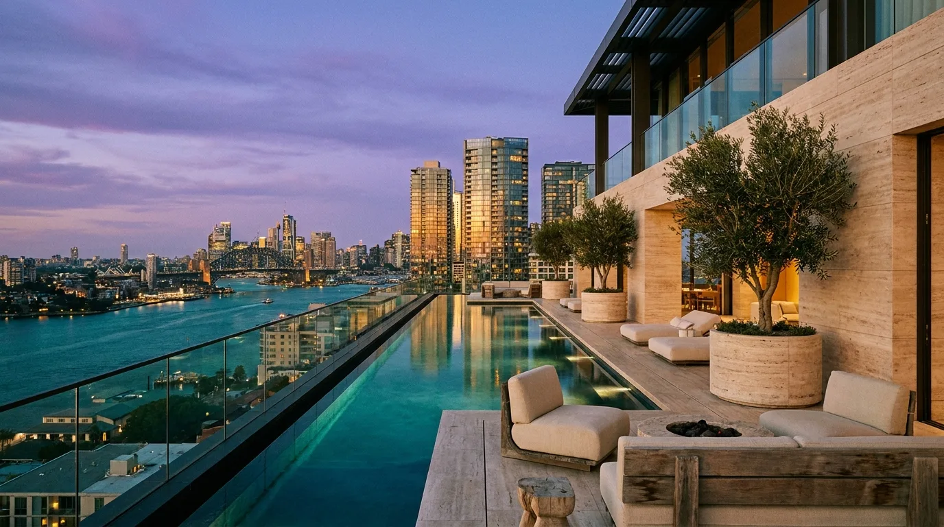 Penthouse terrace at dusk with a rooftop infinity pool, lounge seating and a city skyline beyond
