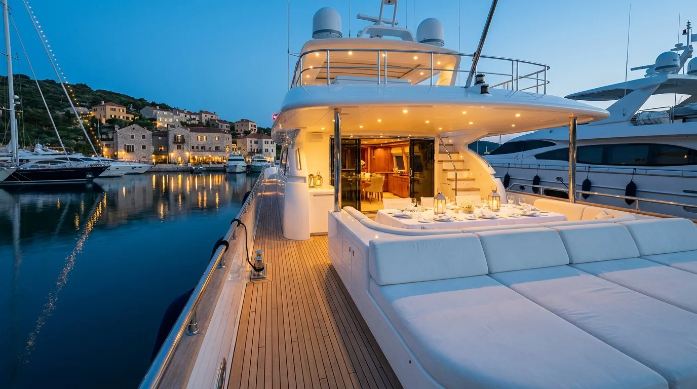 Aft deck of a large motor yacht moored at a marina at blue hour