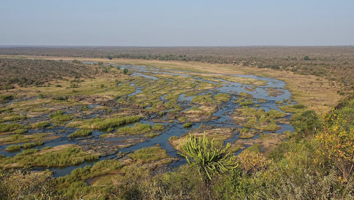 The Olifants River winding through bushveld in Kruger National Park, seen from Olifants Rest Camp